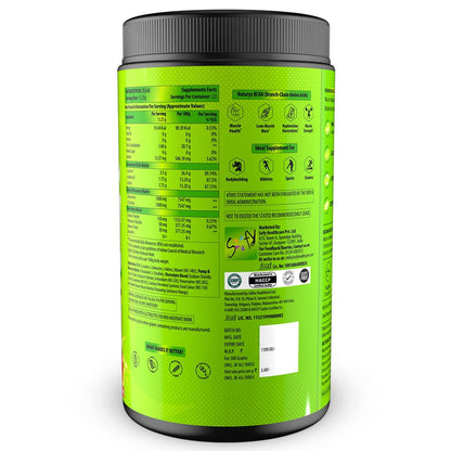 Green supplement container with black lid on a white background