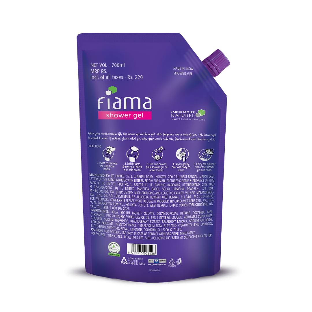 Fiama Blackcurrant & Bearberry Shower Gel 700ml, Bodywash Refill Value Pouch for Women & Men, With Skin Conditioners for Radiant Glow