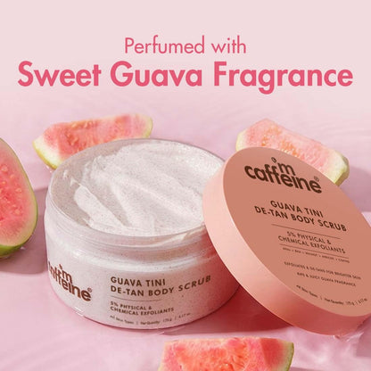mCaffeine Dual Action Guava De-Tan Body Scrub with 5% Natural & Chemical Exfoliants | Glycolic, Lactic & Salicylic Acid | Reduces Tan & Brightens Skin | Fruity, Guava Fragrance - 175g