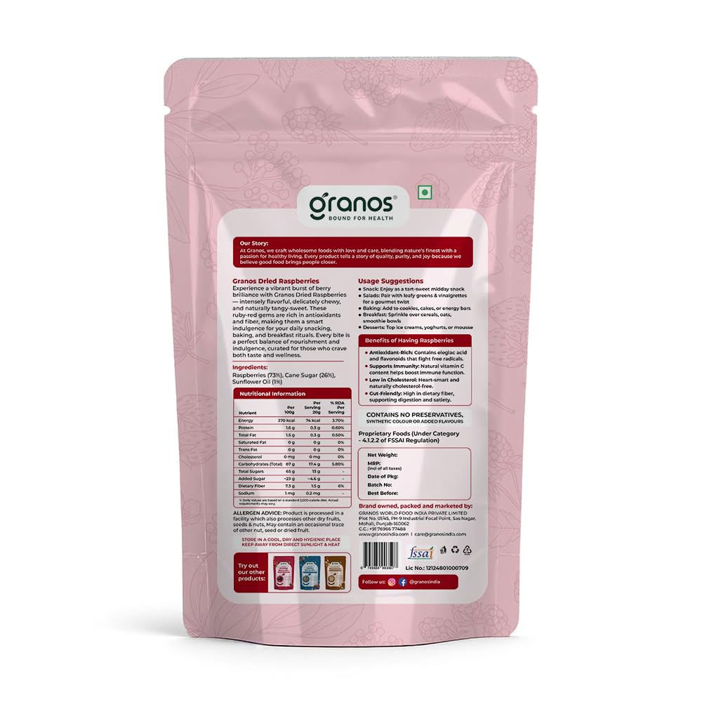 Granos Premium Dried Raspberries 150g, Dried Fruit, Healthy & Tasty, Gluten Free, Vegan, Rich in Fibre & Antioxidant, No Preservative, Support Digestion, Sourced from USA (Pack of 1)