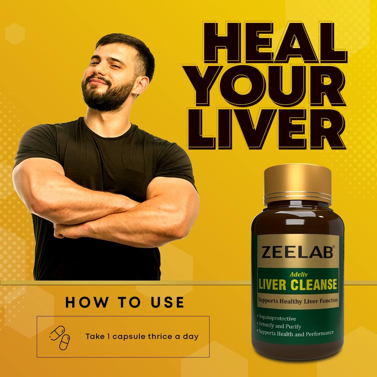 Man with crossed arms next to a Zeelab liver cleanse supplement bottle on a yellow background