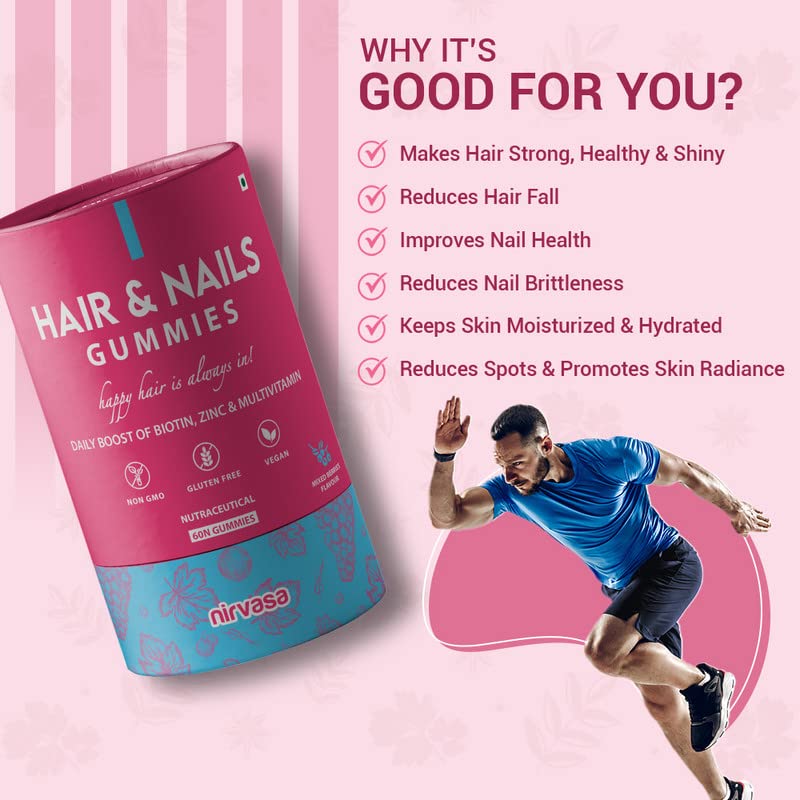 Nirvasa Hair & Nail Gummies with Biotin (60 Gummy) | Supports Healthy Hair, Strong Nails & Glowing Skin | Sugar-Free, Mixed Berry Flavor | Ideal Daily Supplement for Men & Women
