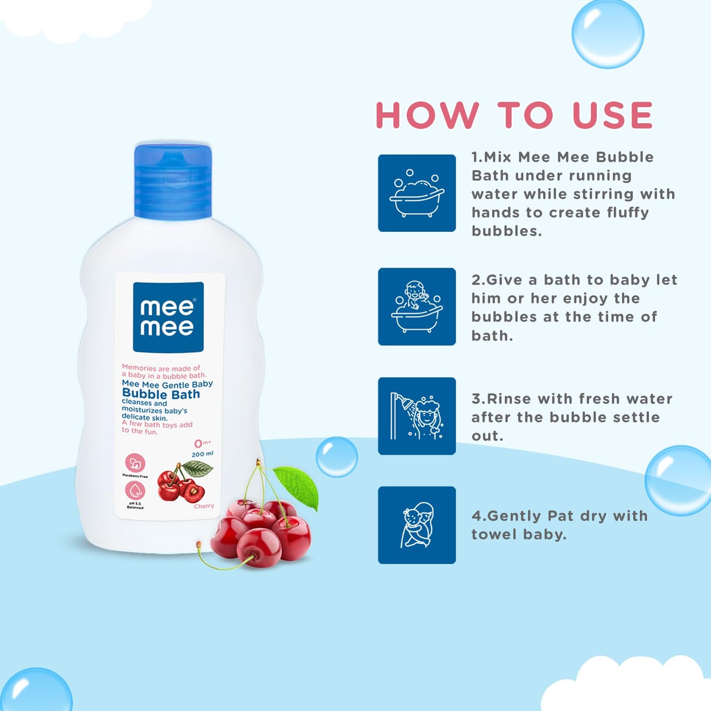 Mee Mee Baby Body Wash 200ml with Cherry & Fruit Extracts | Tear-Free, Mild & Moisturizing | Paraben-Free, Dermatologically Tested, pH Balanced | Gentle Head-to-Toe Bubble Bath for All Skin Types