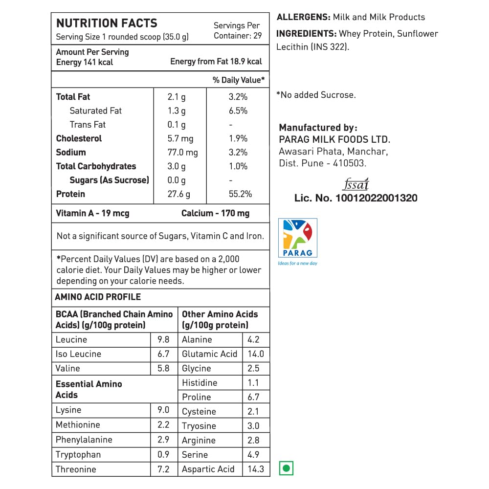 Nutrition facts and ingredients label for a protein product with Parag Milk Foods Ltd branding.
