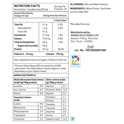 Nutrition facts and ingredients label for a protein product with Parag Milk Foods Ltd branding.