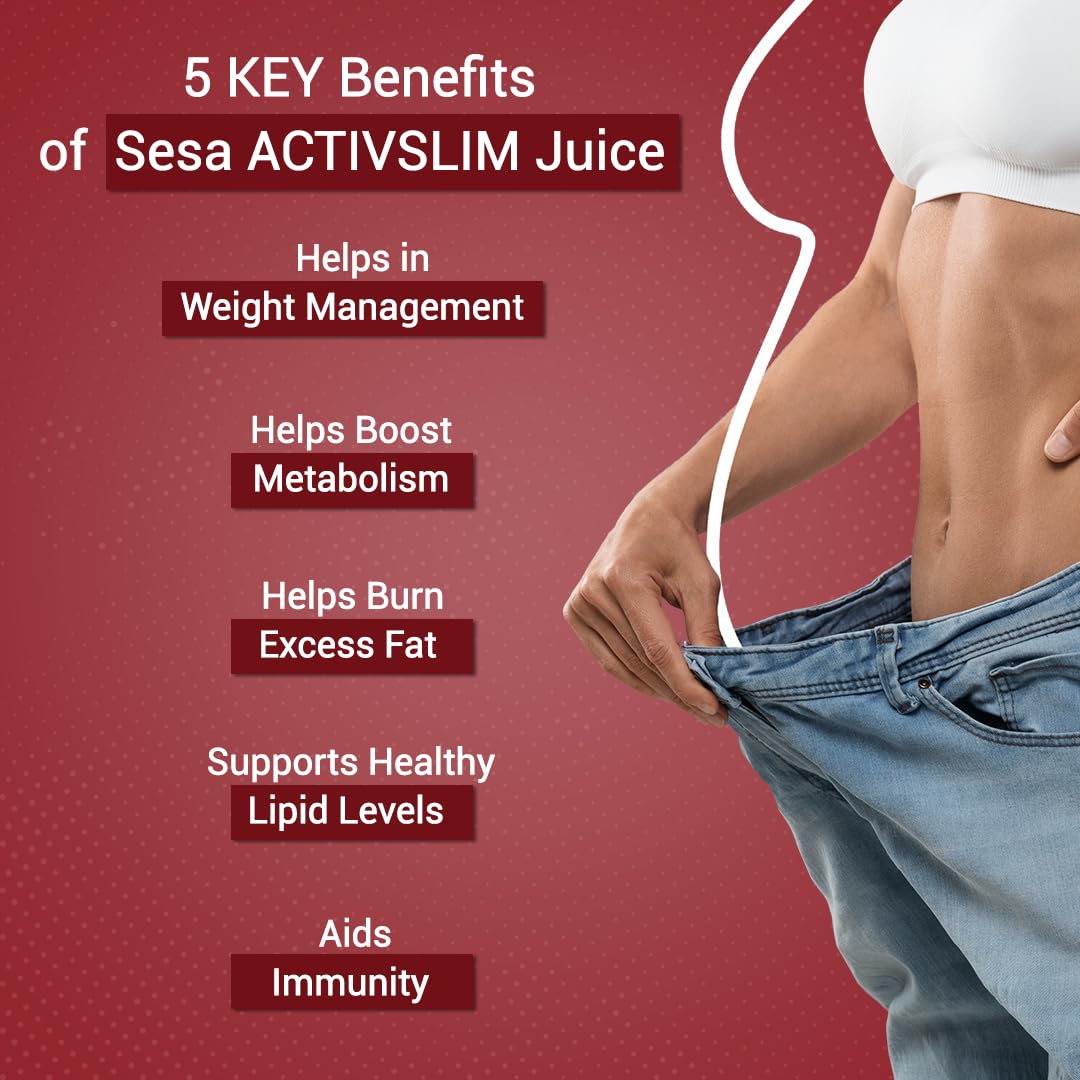 Advertisement for Sesa ACTIVSLIM Juice highlighting its benefits with a person stretching jeans.