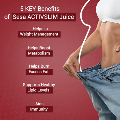 Advertisement for Sesa ACTIVSLIM Juice highlighting its benefits with a person stretching jeans.