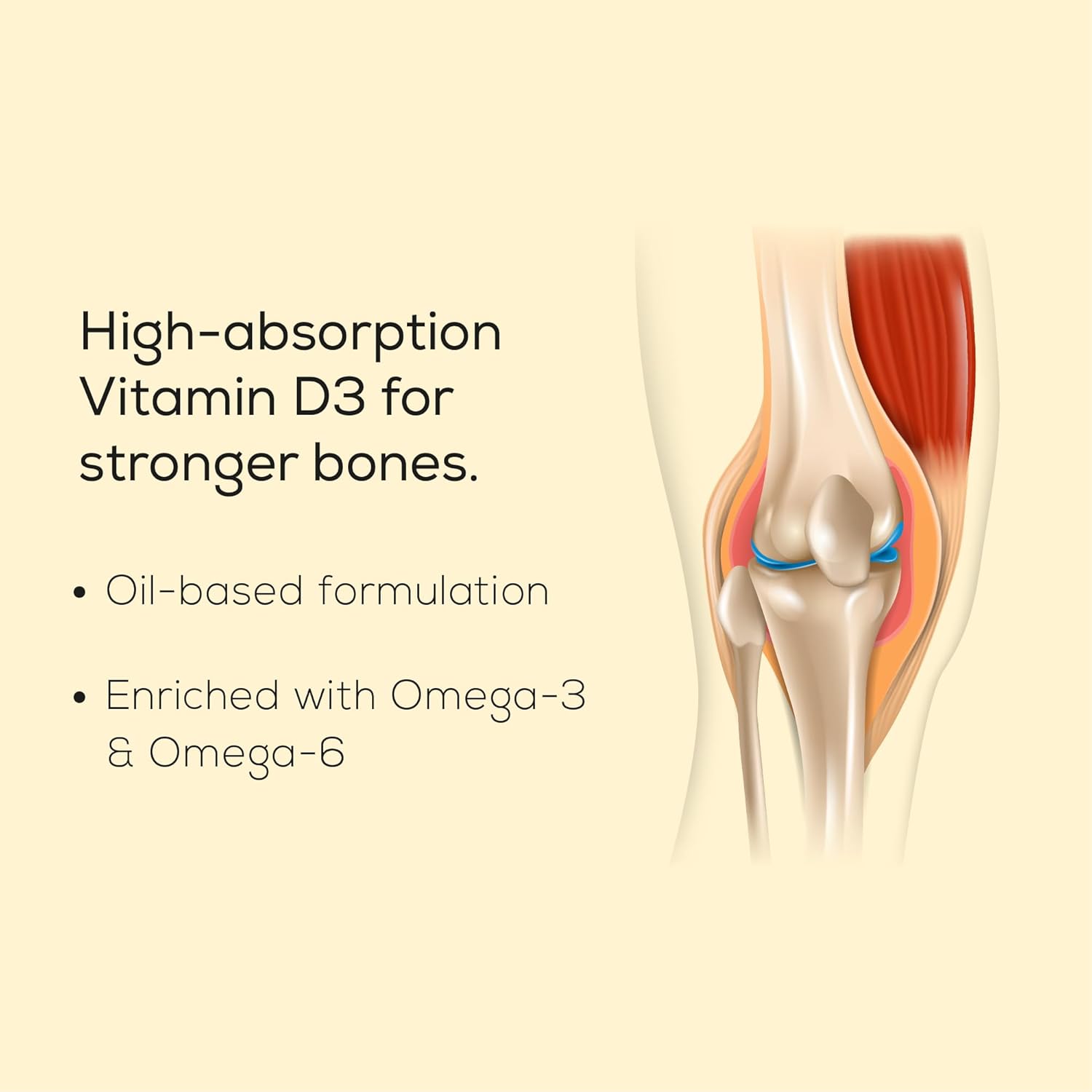 Illustration of a knee joint with text about high-absorption Vitamin D3 for stronger bones.