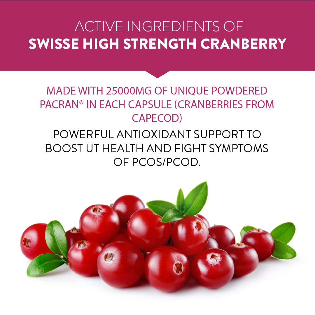 Zephivo Swisse High Strength Cranberry for PCOS, PCOD & UTI - 25000mg Cranberry Extract, Antioxidant Rich Supplement Supports Bladder & Kidney Health (30 Tablets)