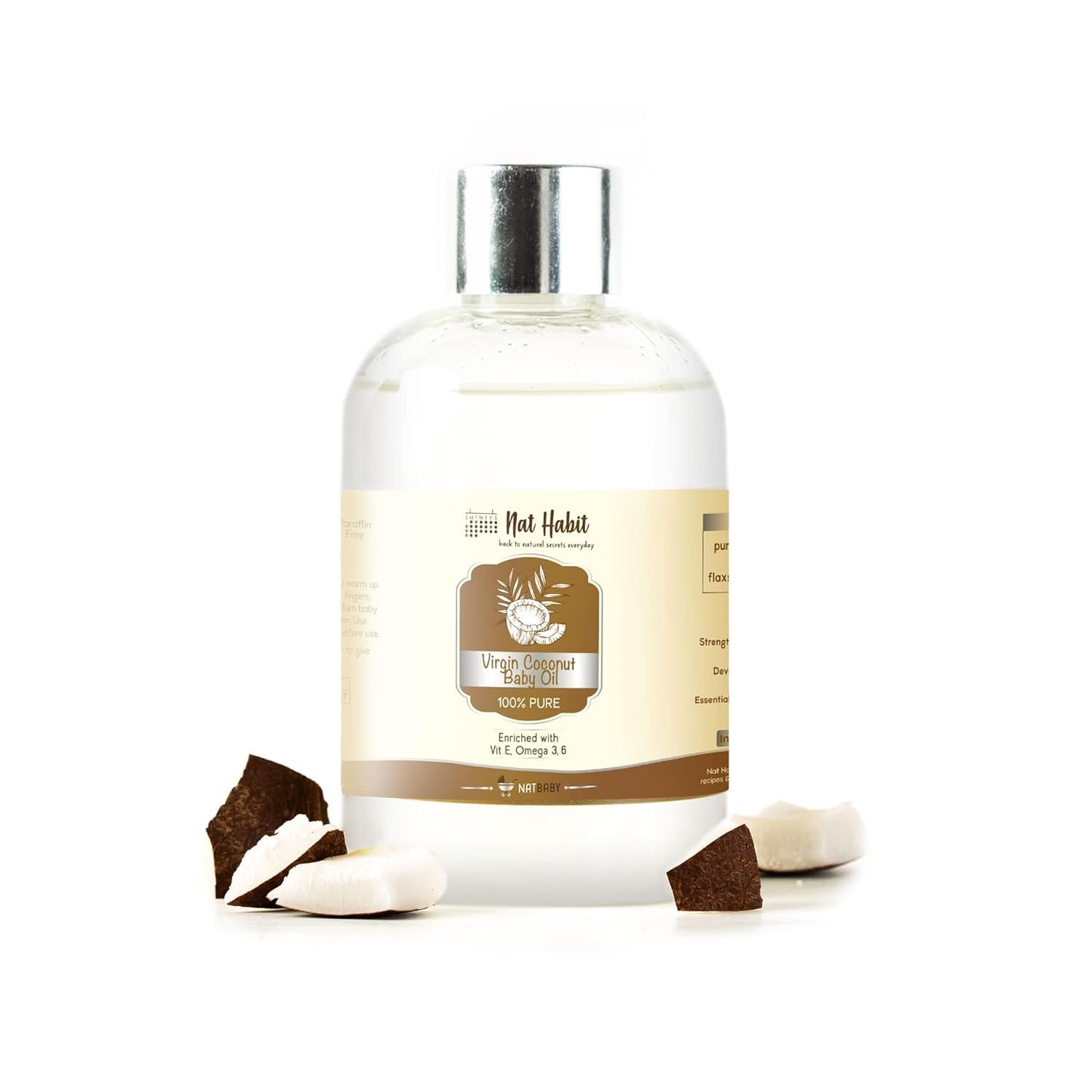 Nat Habit 100% Pure Virgin Coconut Baby Oil For Baby Skin & Hair, Enriched With Vit E & Omega-3, 6 Non-Refined, LLP Free, Chemical & Preservative Free - 200 ml