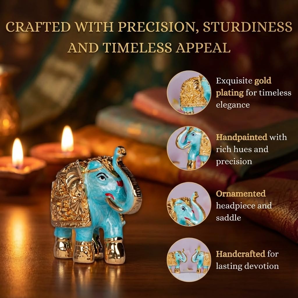 Gold Plated Trunk Up Elephant Idol Showpiece for Vastu, Prosperity, Good Luck, Gifting for House Warming and Home Decor(1, Blue)
