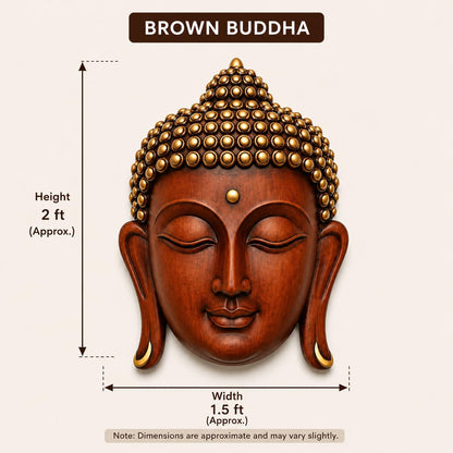 Brown & Gold Buddha Face Wall Hanging Statue for Home Decor, Premium Resin Meditation Buddha Wall Art for Living Room, Office, Temple, Yoga Room & Spiritual Decoration