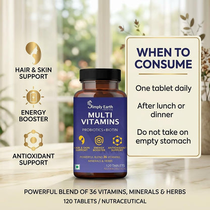 Simply Earth Multivitamin For Men & Women (120 Tablets) With 7 Vital Blends and 36 Nutrients - Probiotics Vitamin C, Zinc & Biotin