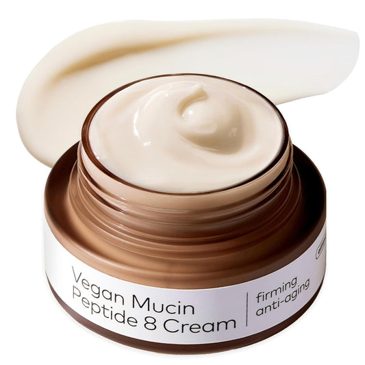 Vegan Mucin Peptide 8 Cream jar with cream visible on top, on a white background