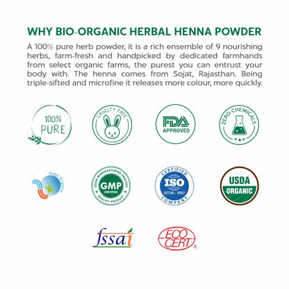 Promotional image for bio-organic herbal henna powder with certification logos on a white background.