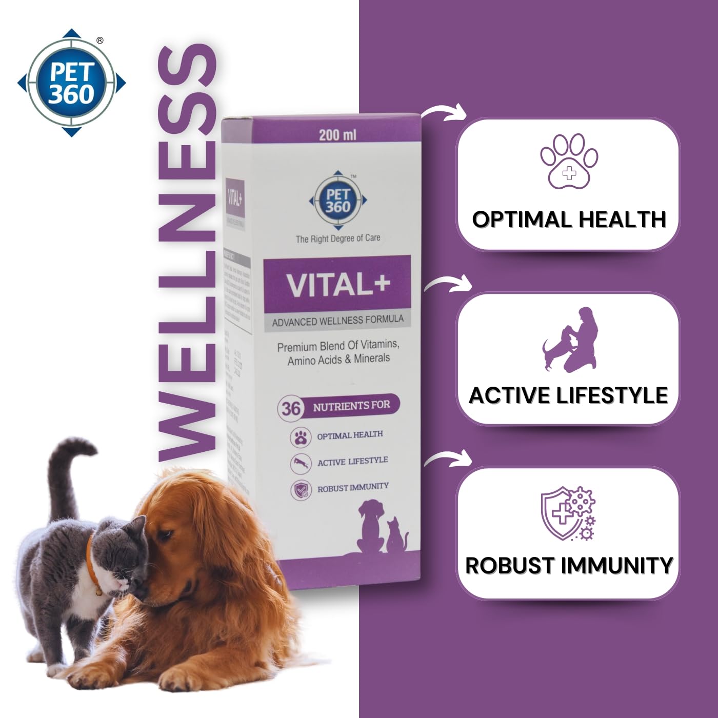 PET360 Vital+ Advanced Wellness Formula | Daily Multivitamin Syrup | Healthy Skin, Joints, Immunity & Growth | Nutritional Supplement for Dogs & Cats- 200 ml