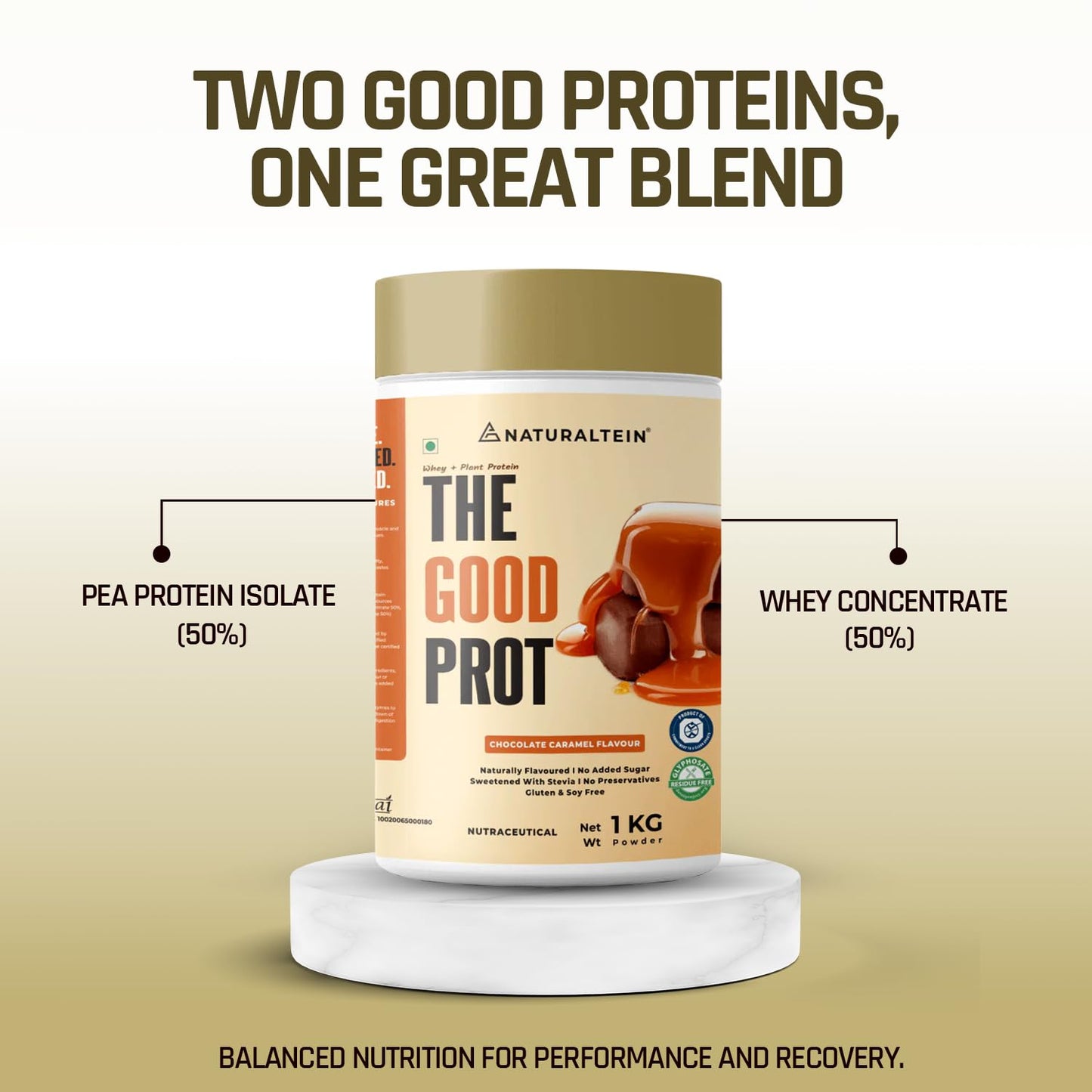 Protein powder container with 'The Good Prot' branding on a beige background