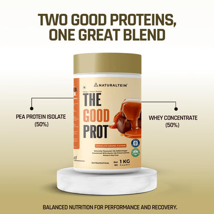 Protein powder container with 'The Good Prot' branding on a beige background