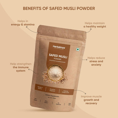 Herbal Max Organic Safed Musli Root Powder – 100g | Ayurvedic Supplement for Strength, Stamina, Vitality & Performance | Herbal Health Booster
