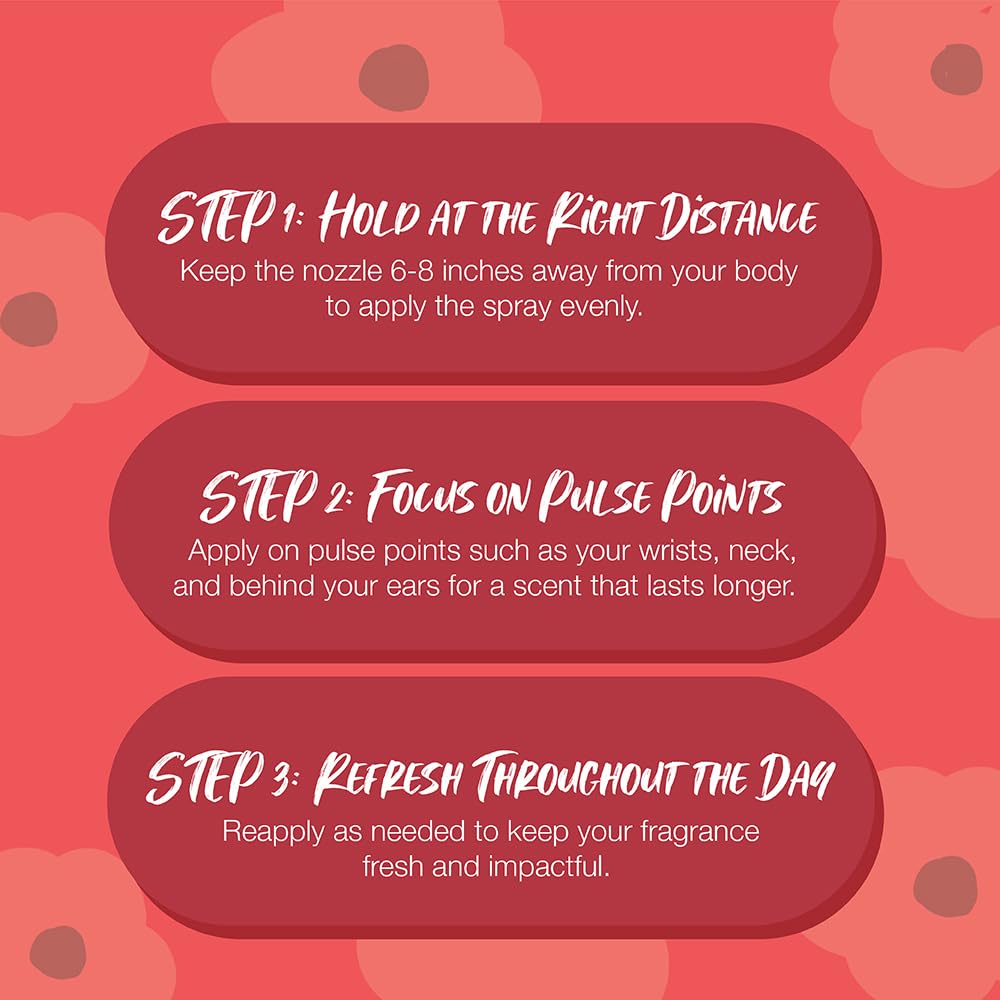 Instructions for using a spray product on a red floral background