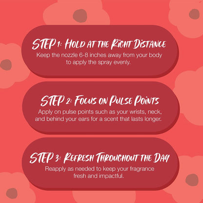 Instructions for using a spray product on a red floral background