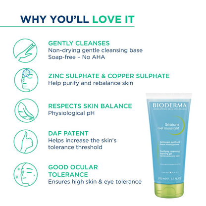 Bioderma cleansing gel with features listed on a white background