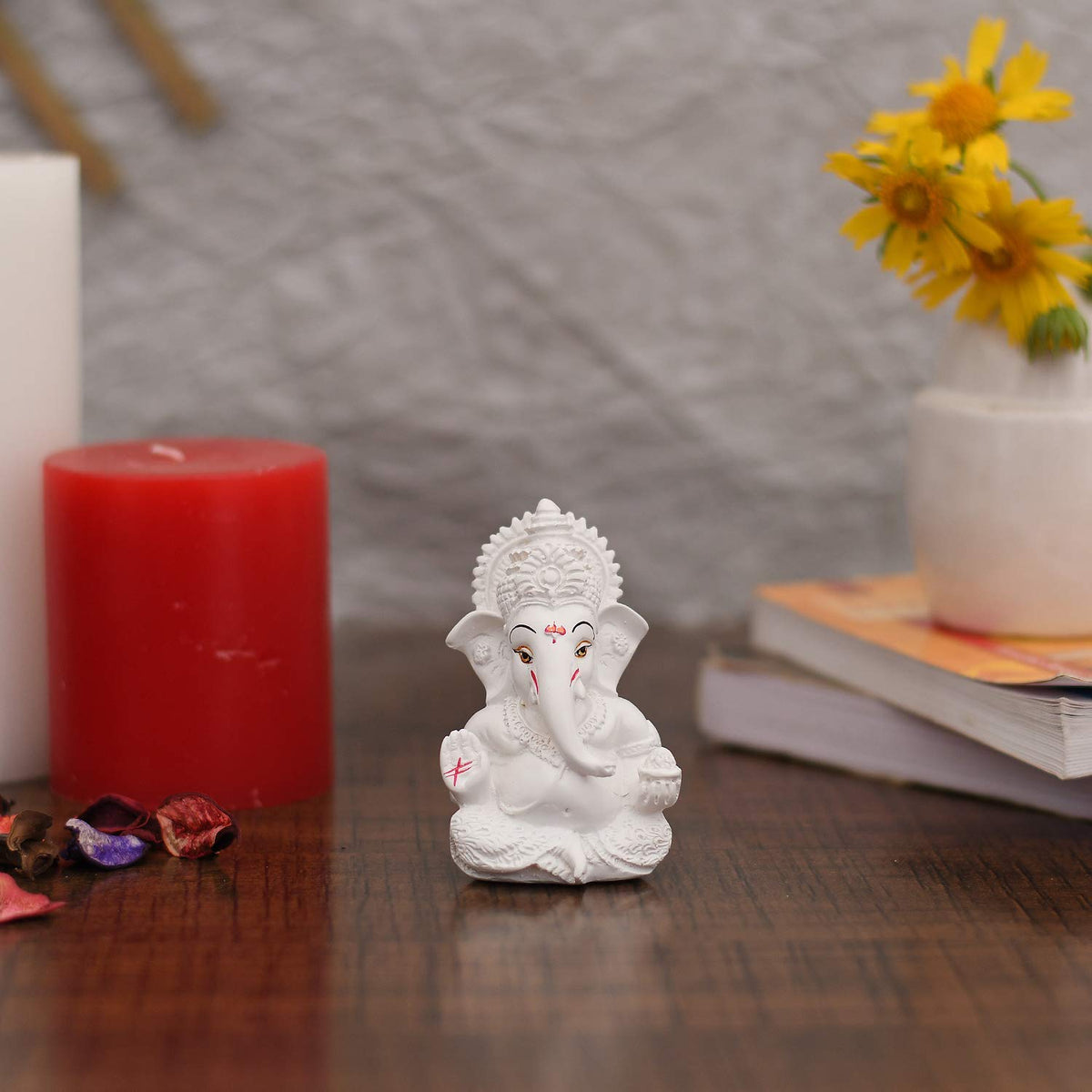 Ganesh Idol Ganesha Statue for Car Dashboard White (8 x 10 cms)