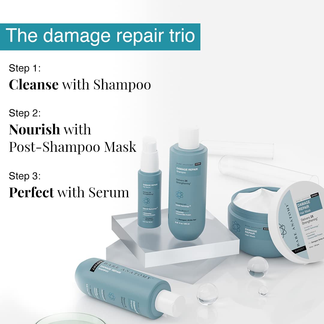Cosmetic products labeled 'The damage repair trio' with shampoo, mask, and serum on a white background.