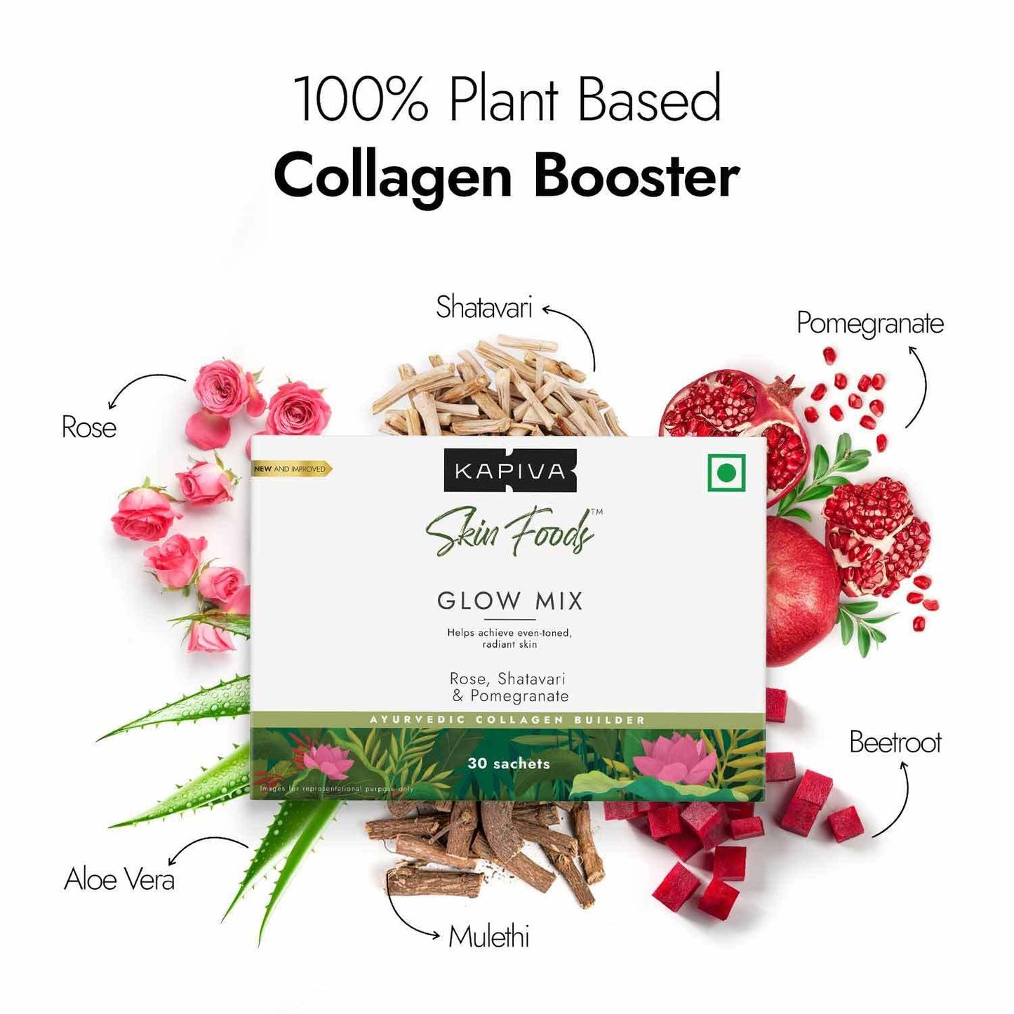 Kapiva Skin Foods Glow Mix | Ayurvedic Skin Supplement, Collagen Powder | Skincare for Glowing & Healthy Skin (30 Sachets)