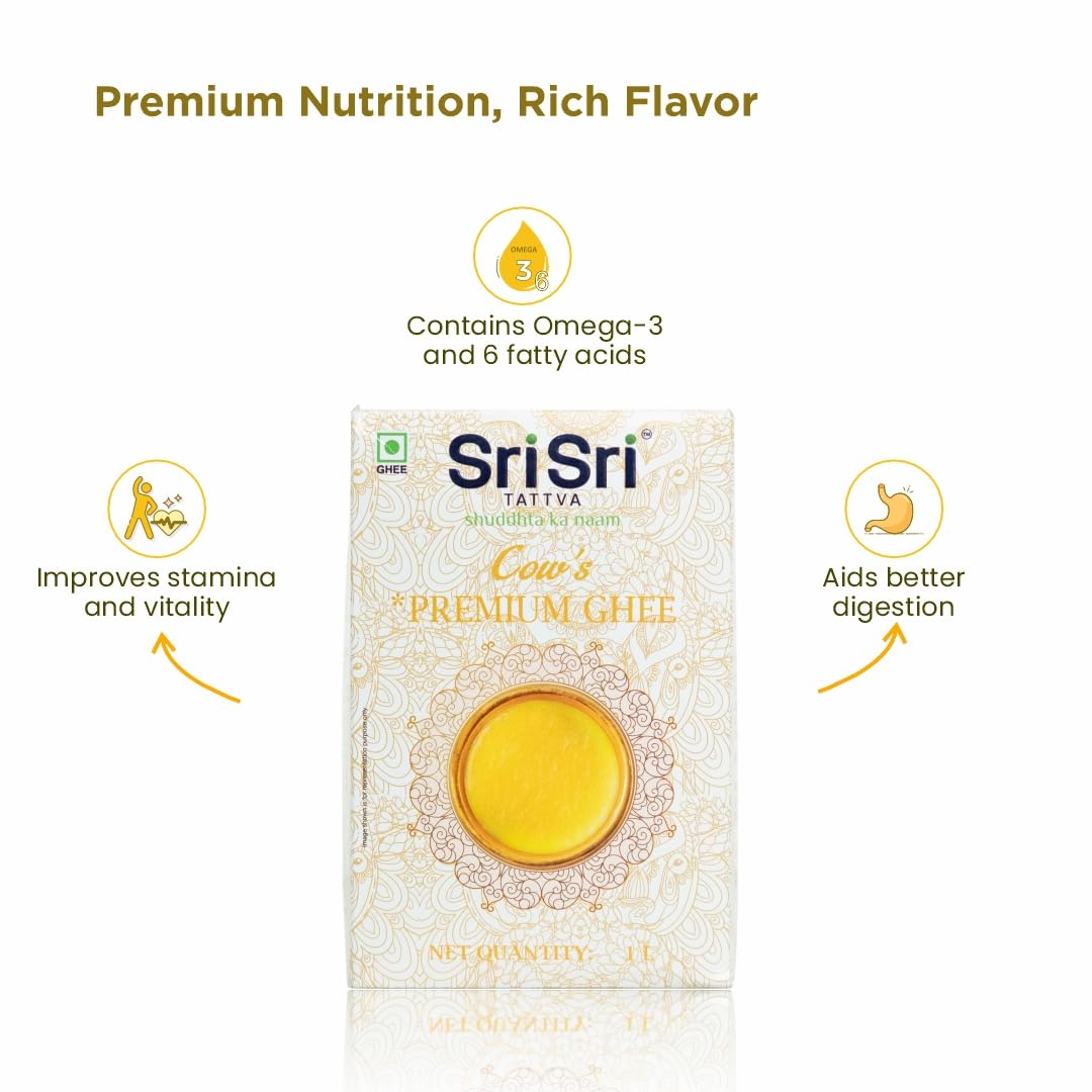 Sri Sri Tattva Premium Cow Ghee 1 Litre | Pure Cow Ghee | Vedic Bilona Method | Natural, Lactose, & Gluten-Free | Excellent for Digestion