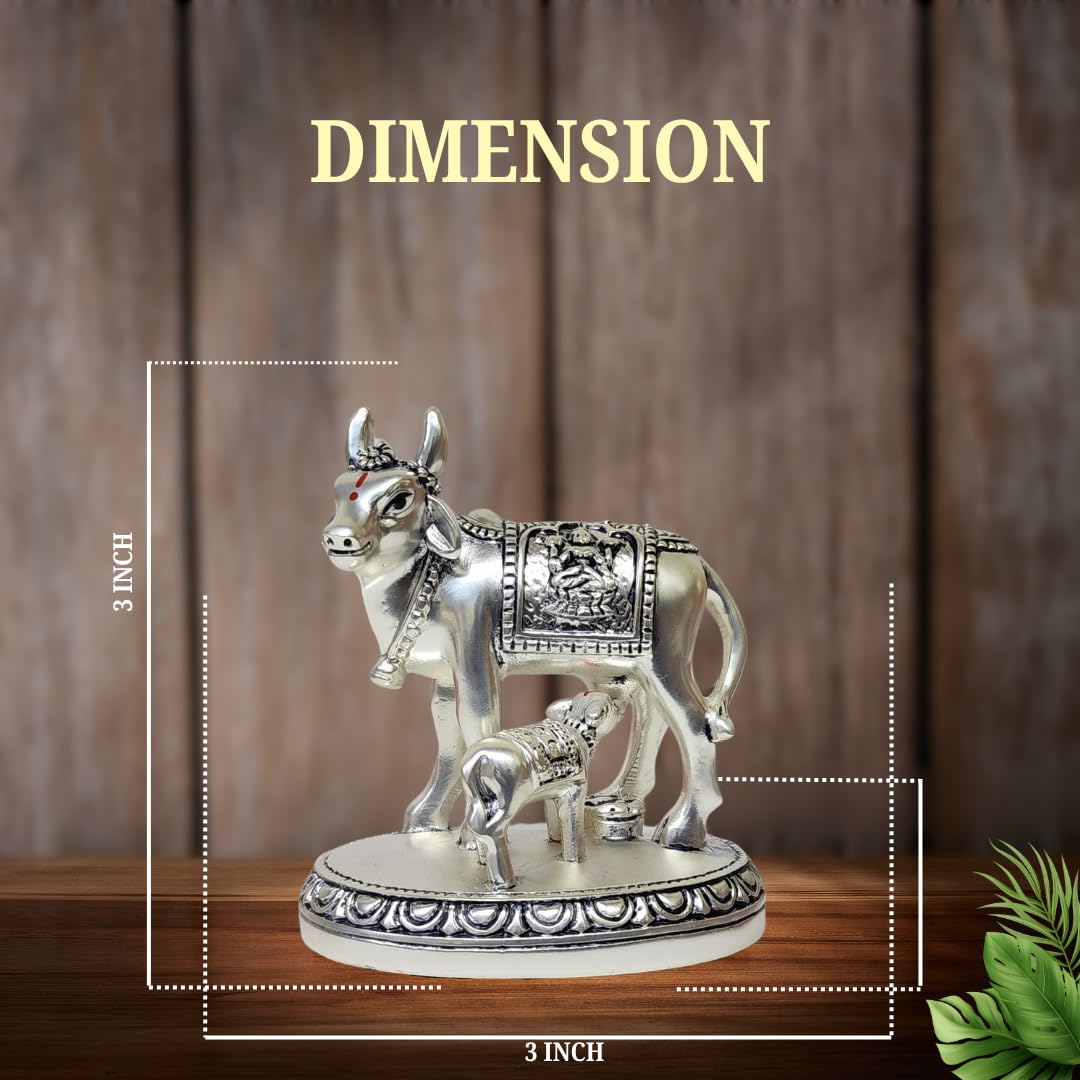 Gold Art India Kamdhenu Cow and Calf Idol | Silver Matte Finish Decorative Murti | 7.62 cm x 7.62 cm | Sacred Gau MATA Statue for Home Temple & Gift