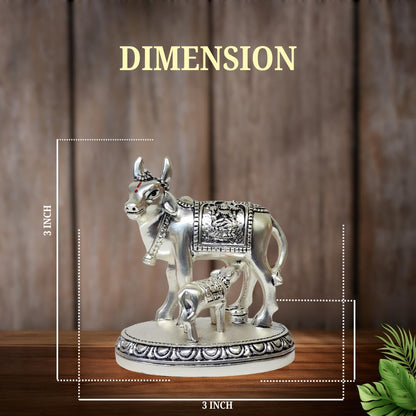 Gold Art India Kamdhenu Cow and Calf Idol | Silver Matte Finish Decorative Murti | 7.62 cm x 7.62 cm | Sacred Gau MATA Statue for Home Temple & Gift