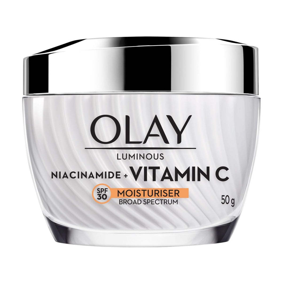 Olay Luminous Niacinamide + Vitamin C moisturizer jar on a white background