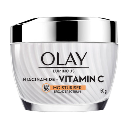 Olay Luminous Niacinamide + Vitamin C moisturizer jar on a white background