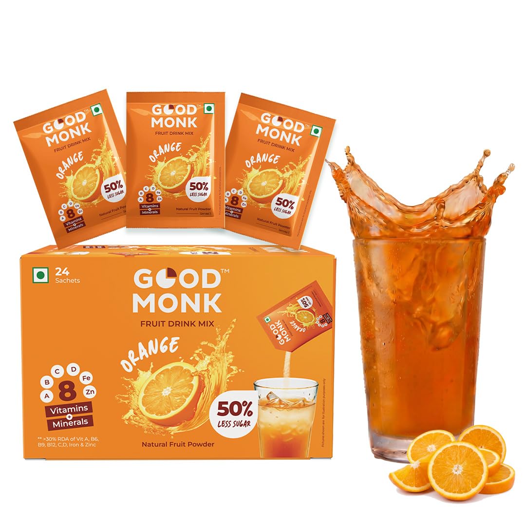 Good Monk Fruit Drink Mix (Natural Orange Powder), 50% Less Sugar with 8 Vitamins & Minerals (Vitamin B12, C, D, Iron & more) | Tasty, Healthy & Tangy Drink Mix for Hydration, Energy, Immunity, 24 Sachets