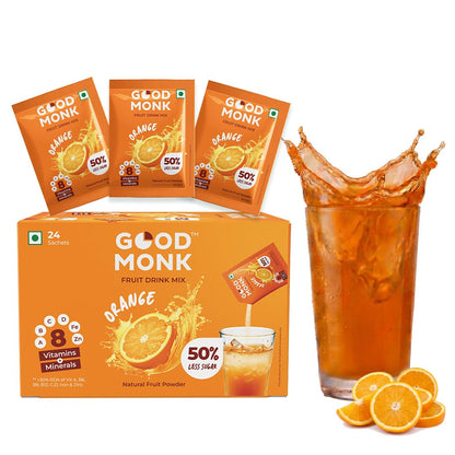 Good Monk Fruit Drink Mix (Natural Orange Powder), 50% Less Sugar with 8 Vitamins & Minerals (Vitamin B12, C, D, Iron & more) | Tasty, Healthy & Tangy Drink Mix for Hydration, Energy, Immunity, 24 Sachets