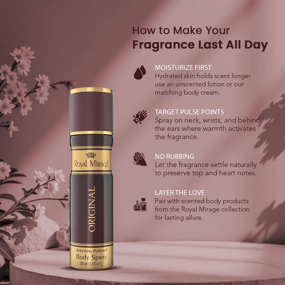 Royal Mirage body spray with fragrance tips on a decorative background