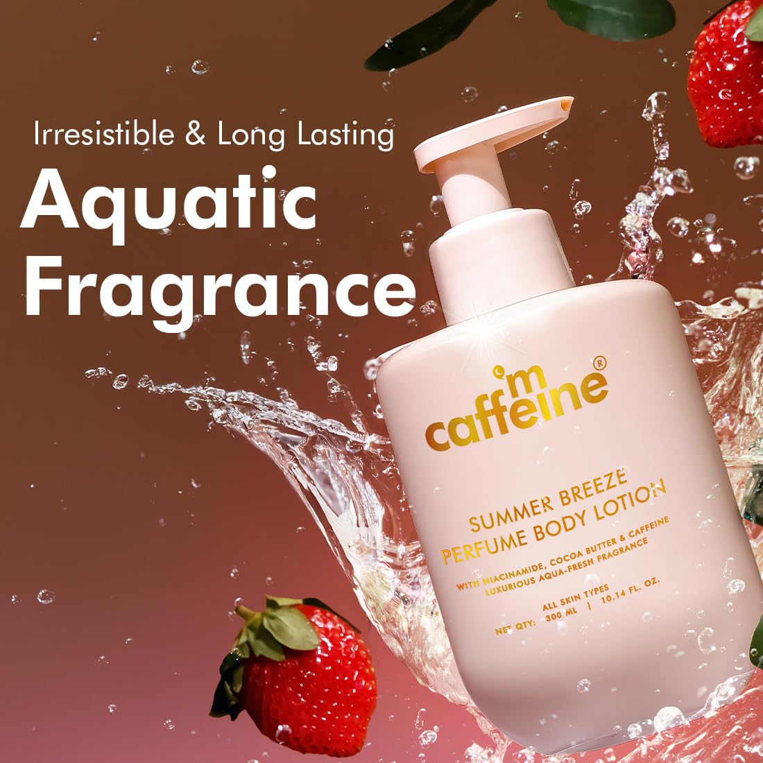 Caffeine Summer Breeze perfume body lotion with strawberries and water splash on a brown background