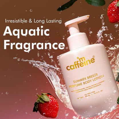 Caffeine Summer Breeze perfume body lotion with strawberries and water splash on a brown background