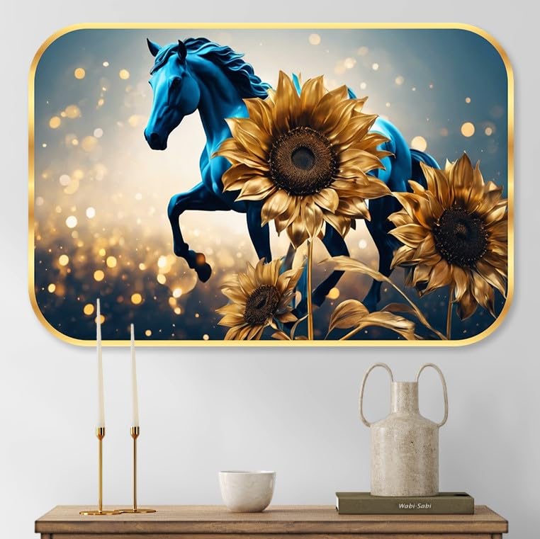 Running horse modern art Premium Sparkle Lamination Finished Surface Golden Slim Frame 35 cm x 28 cm Large Size, For Home/Office/Hotel painting KG48