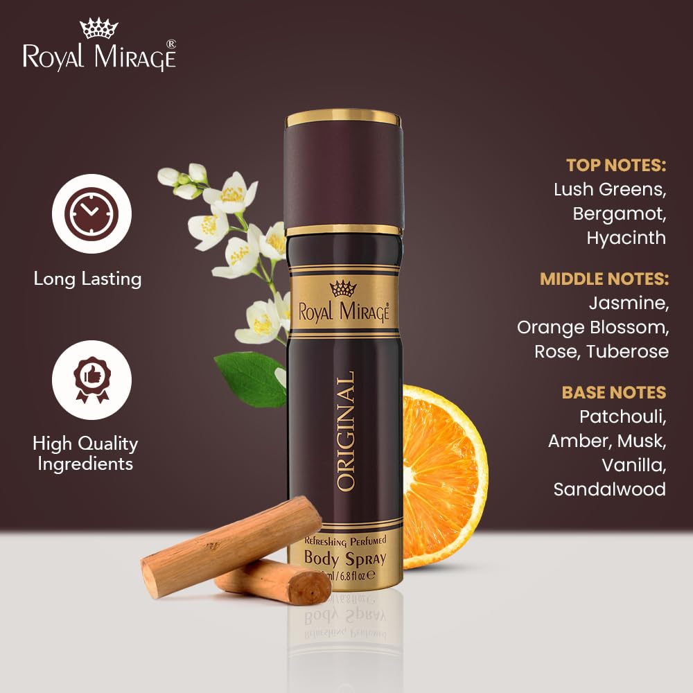 Royal Mirage body spray with product details on a brown background