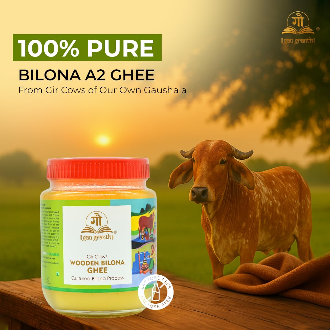 cow ved GauGranth A2 Gir Cow Ghee – 1 Ltr | Traditional Wooden Bilona Desi Ghee | Hand-Churned from Grassfed A2 Gir Cow Milk | 100% Pure, Natural & Healthy | Vedic Method | Glass Jar Packaging