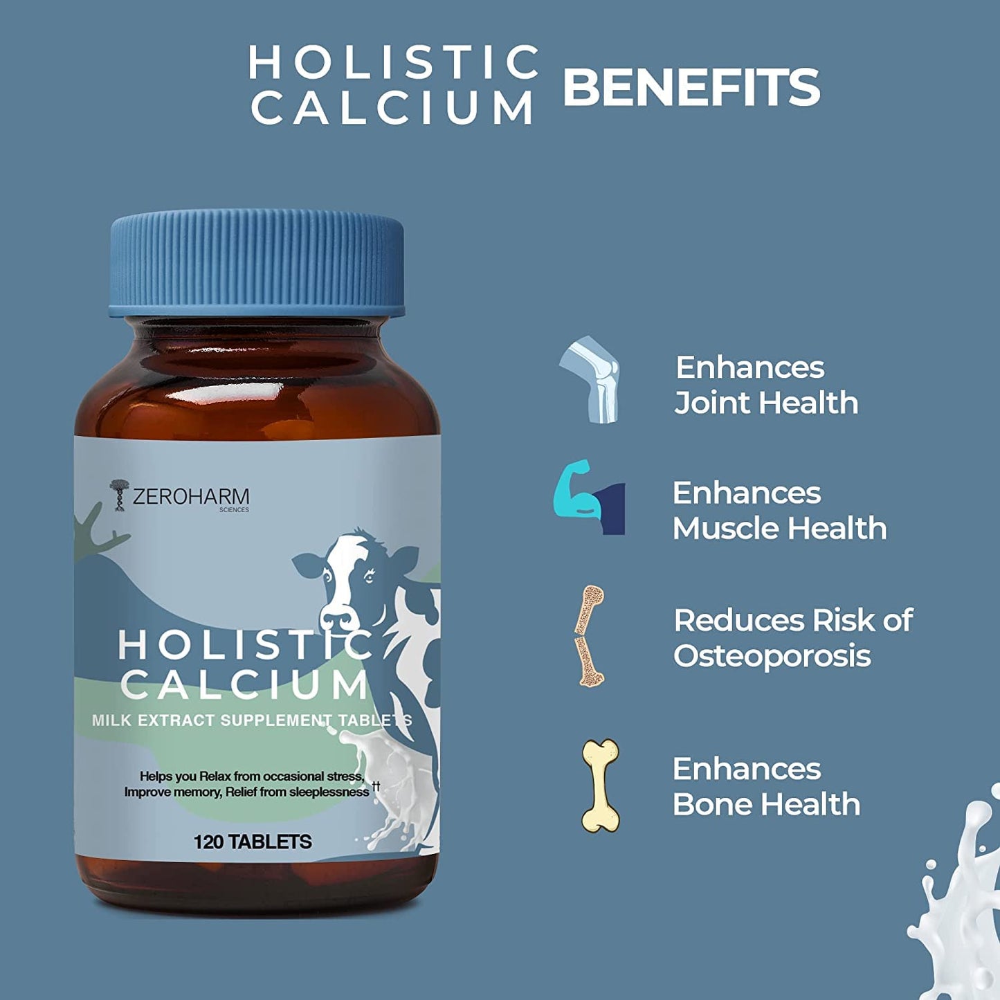 ZEROHARM Holistic Calcium Tablets – High Absorbption Milk-Based Calcium Supplement with Vitamin D3, K2-7, Magnesium, Phosphorous – Supports Bone Strength & Joint Health For Men & Women – 120 Tablets