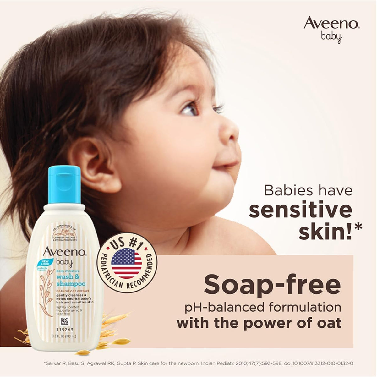 Aveeno Baby Daily Moisture Wash and Shampoo (100ml) | Cleanses hair & body | Oat kernel extract & glycerin | Tear-free, soap-free, paraben-free, hypoallergenic | US #1 Pediatrician recommended