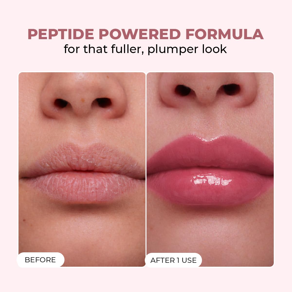 Before and after comparison of lips with a peptide-powered formula for fuller, plumper appearance.