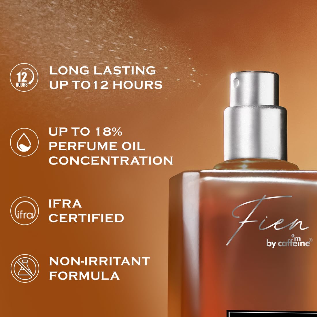 Perfume bottle with features listed on an orange background