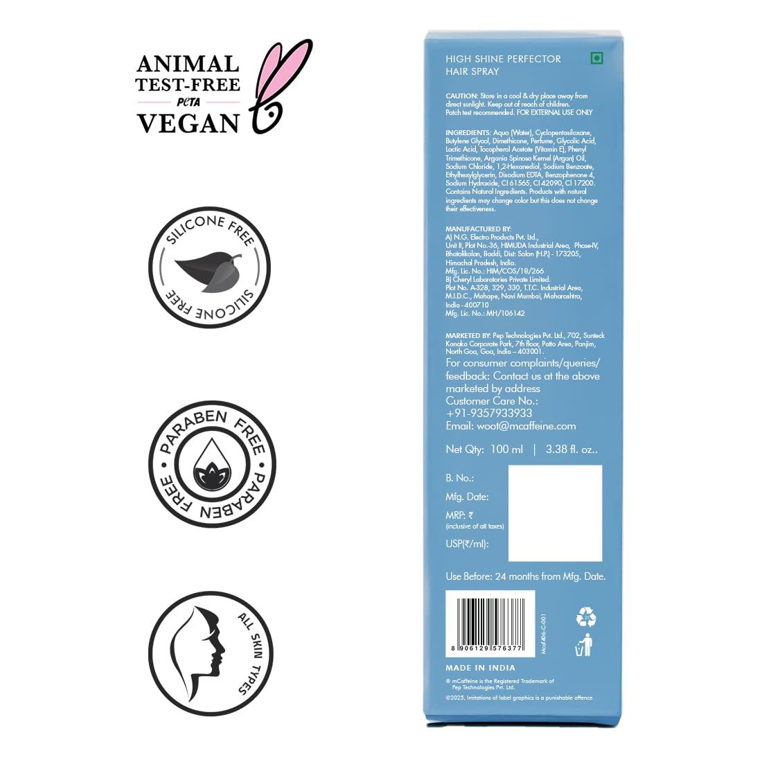 Back of a hair spray bottle with vegan, silicone-free, and paraben-free labels on a white background.