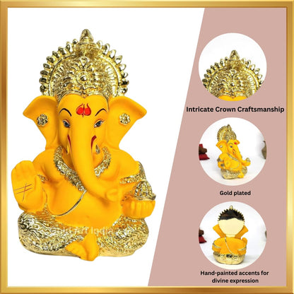 Gold Art India Gold Plated Ganesha with Mango Terracotta Work - 3.5 Inch Height for Home Decor/Office Desk/Car Dashboard (MukutMangoGold)