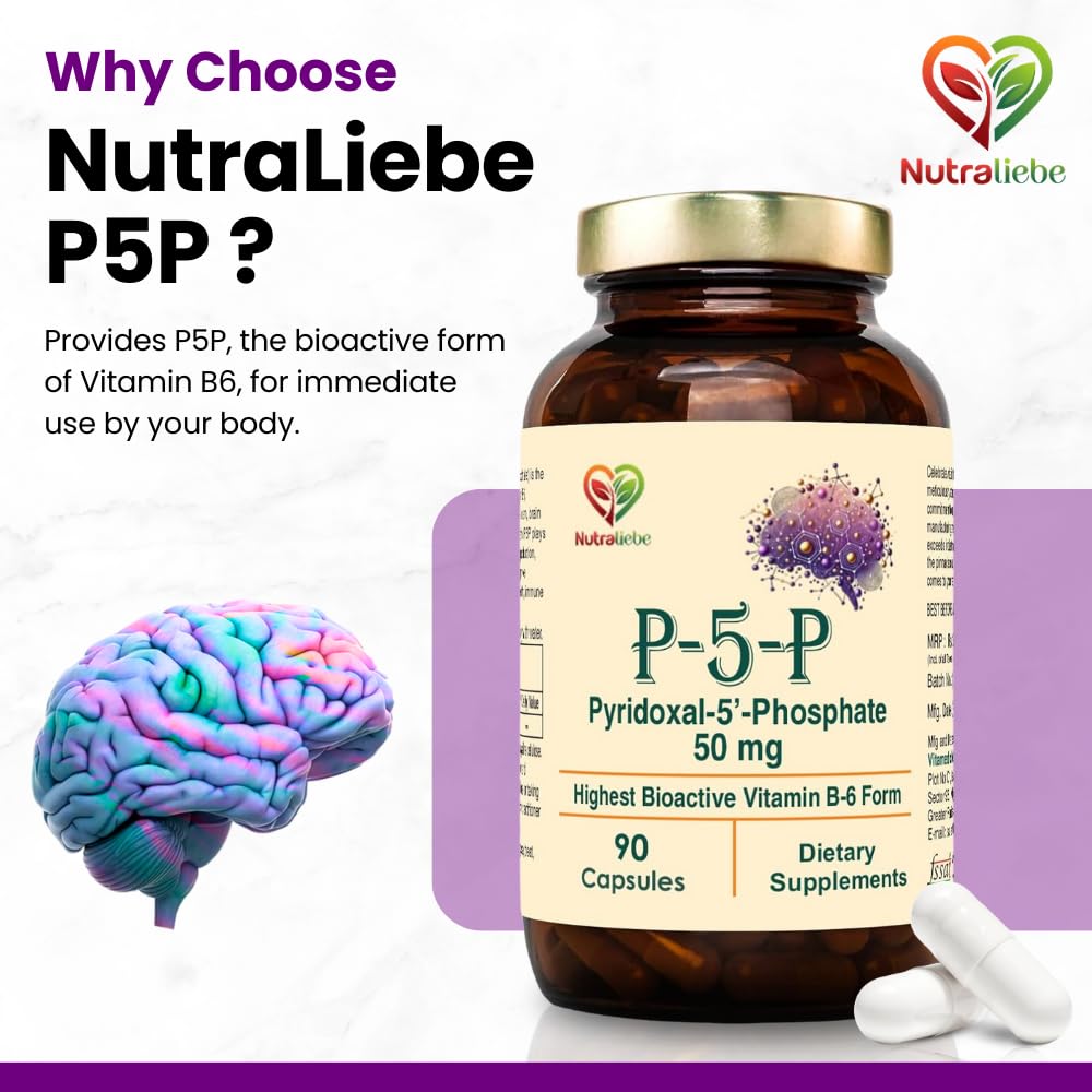 Nutraliebe P5P (Pyridoxal 5’- Phosphate) – Active Vitamin B6 for Energy, Brain Function, and Nervous System Support – 90 Capsules