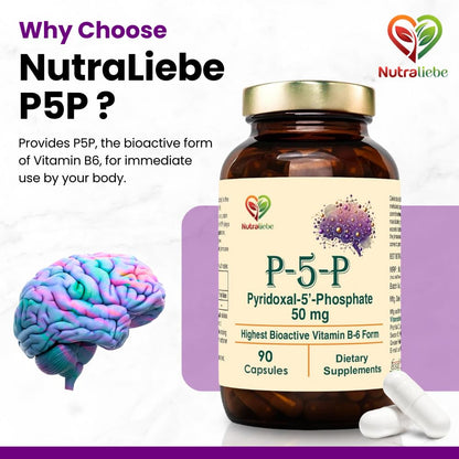 Nutraliebe P5P (Pyridoxal 5’- Phosphate) – Active Vitamin B6 for Energy, Brain Function, and Nervous System Support – 90 Capsules